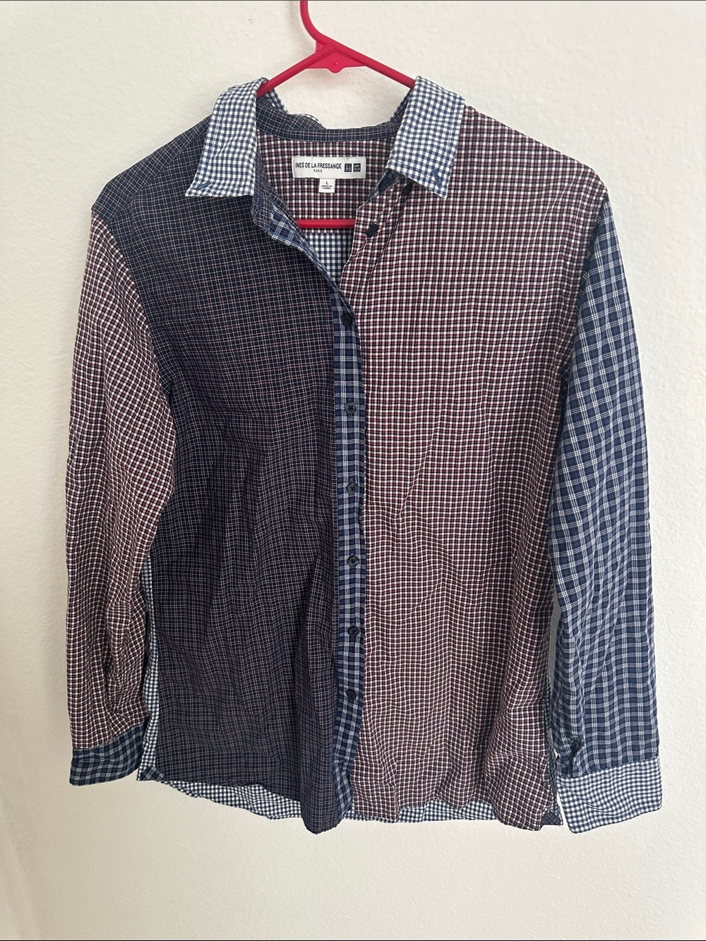 UNIQLO Women’s Color-Block Mixed-Check Long-Sleeve Shirt - Navy/Red